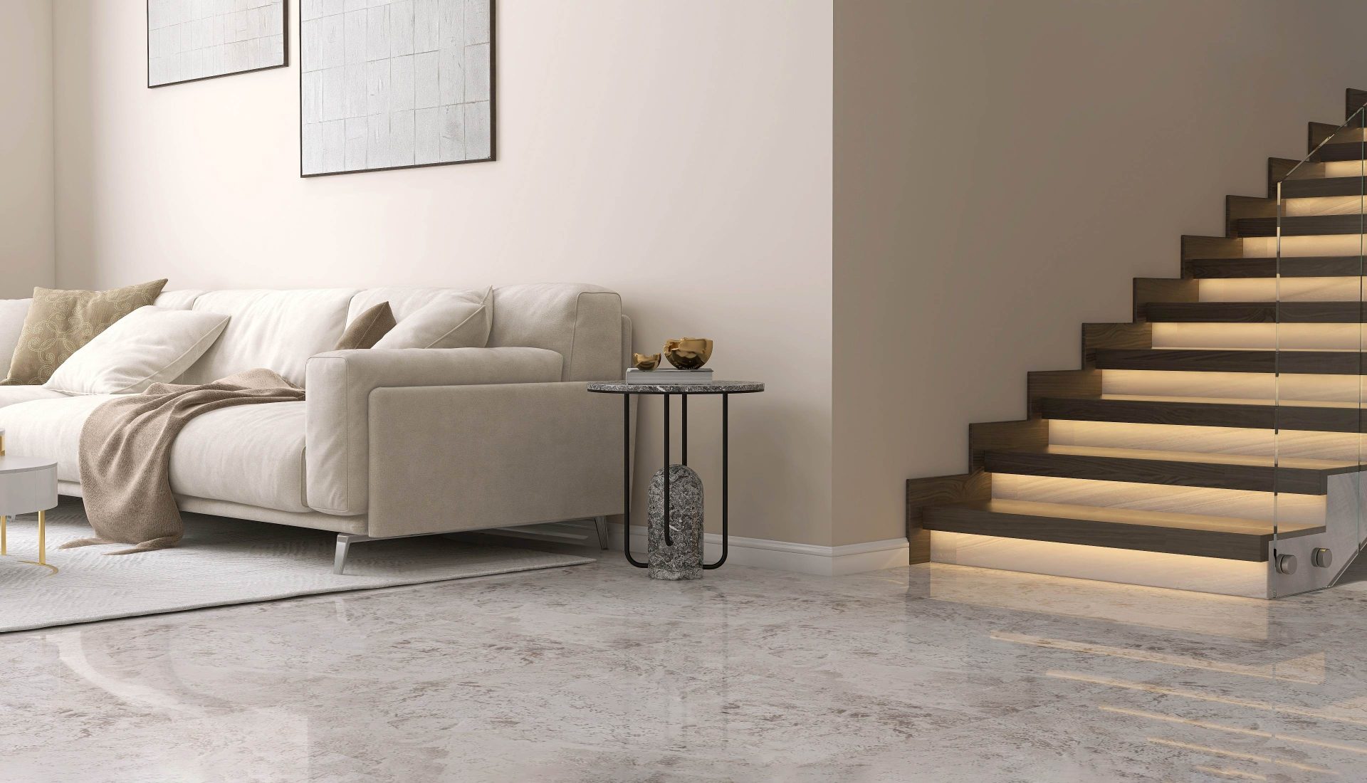 Salon moderne avec sol en marbre gris