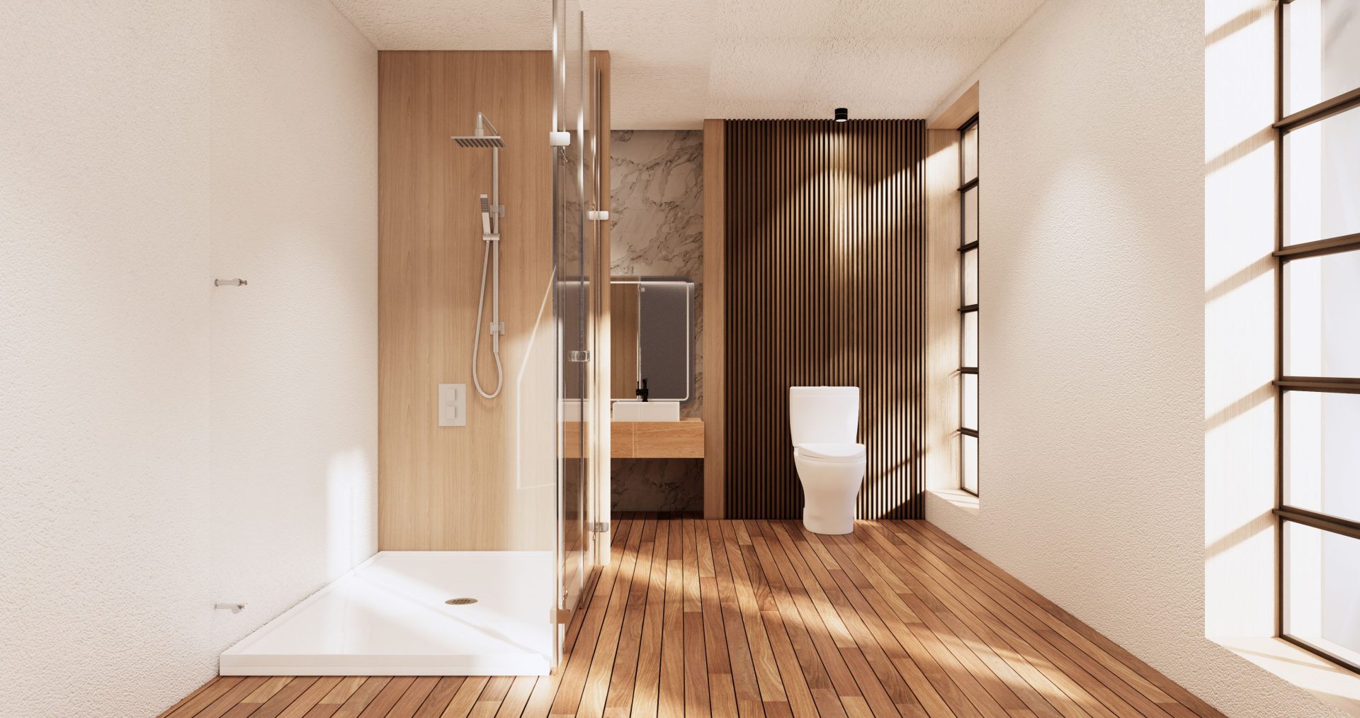 Pose d’un parquet en bois clair dans une salle de bain